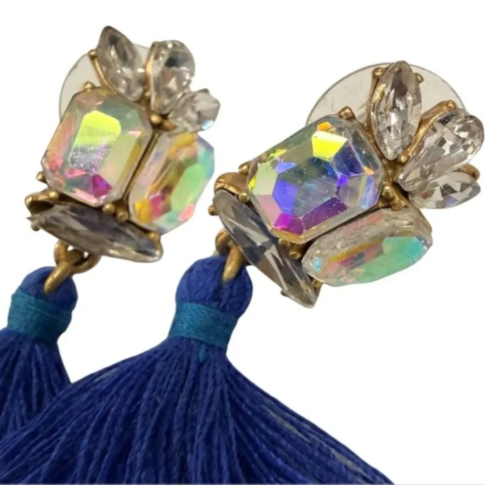 J. Crew Royal Blue Tassel Iridescent Aurora Borealis Crystal Statement Earrings